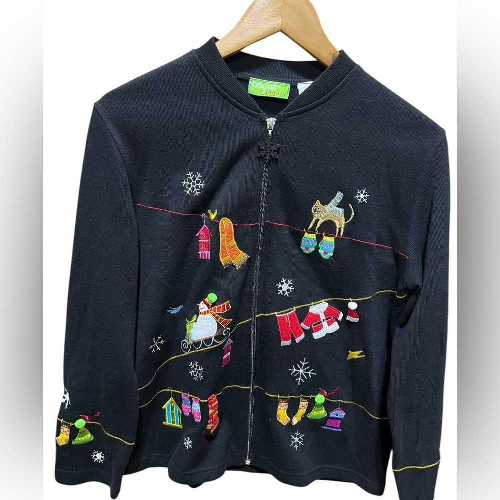 Festive Embroidered Holiday Full Zip Vintage 90s Sweater Womens Oversized Size S